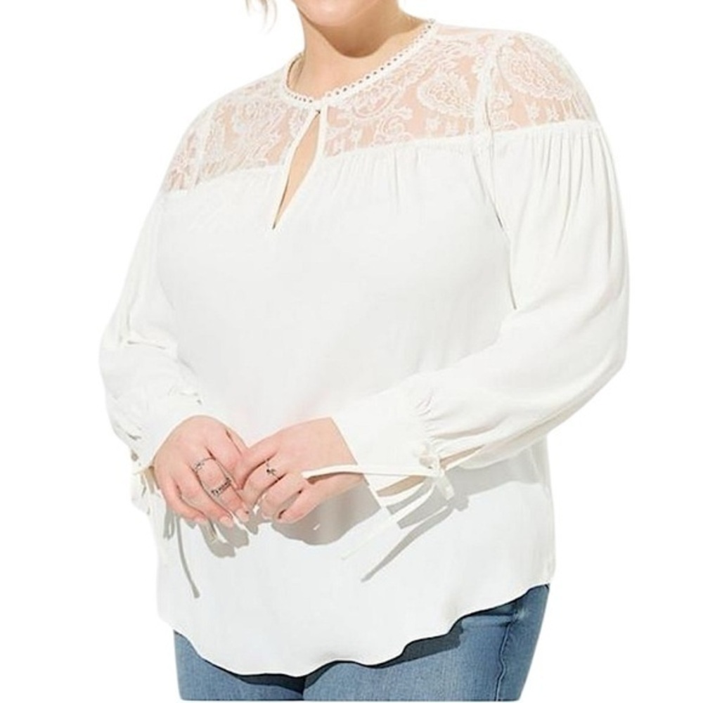 TORRID Georgette Lace Trim Yoke Long Sleeve Blouse‎ NWT